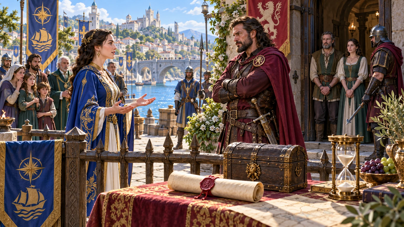 A fantasy negotiator speaks with a captor beside visible captives, a sealed demand, a chest and an hourglass.