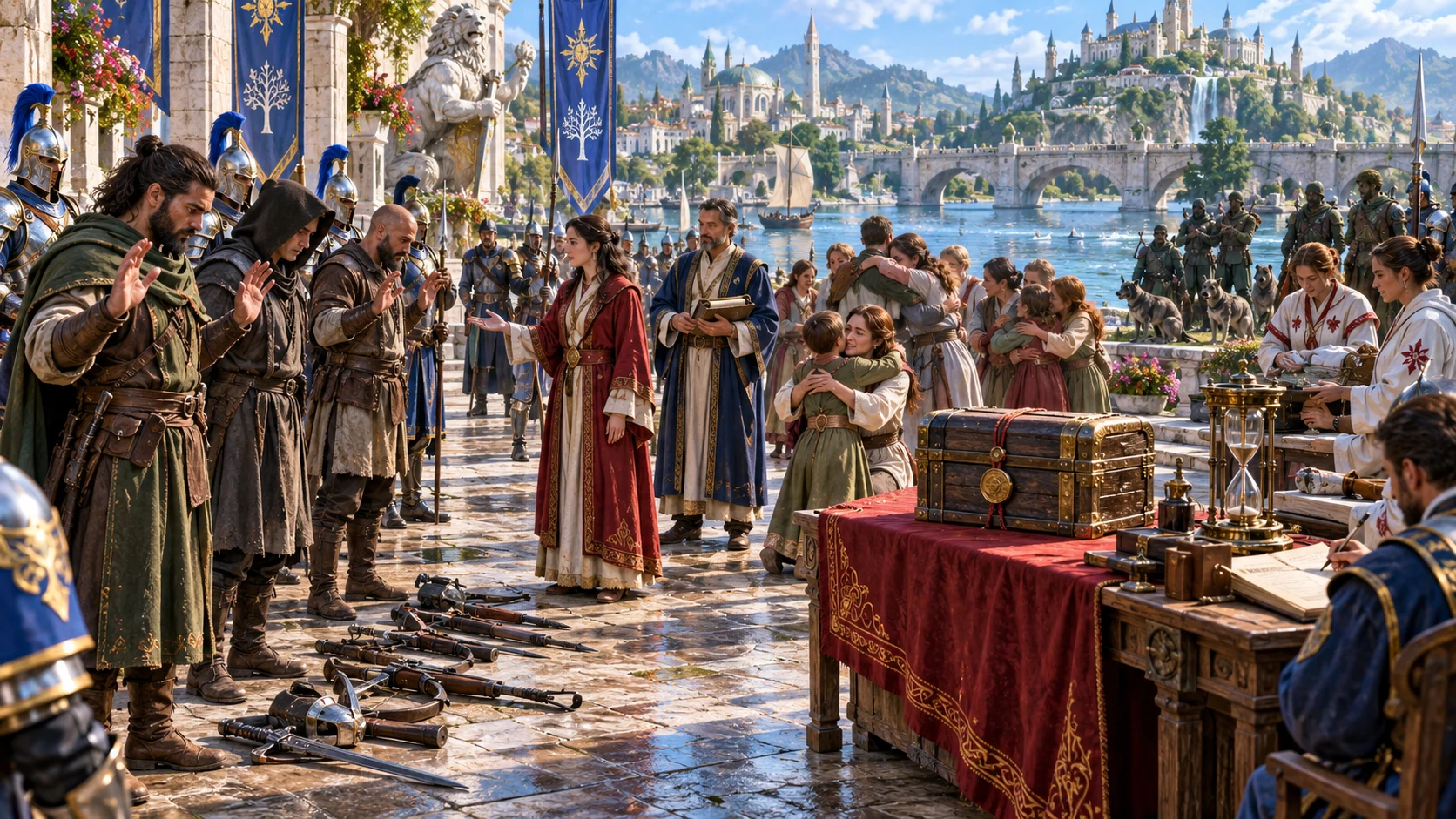 Former captives reunite with family as captors surrender weapons under guard in a fantasy harbour square.