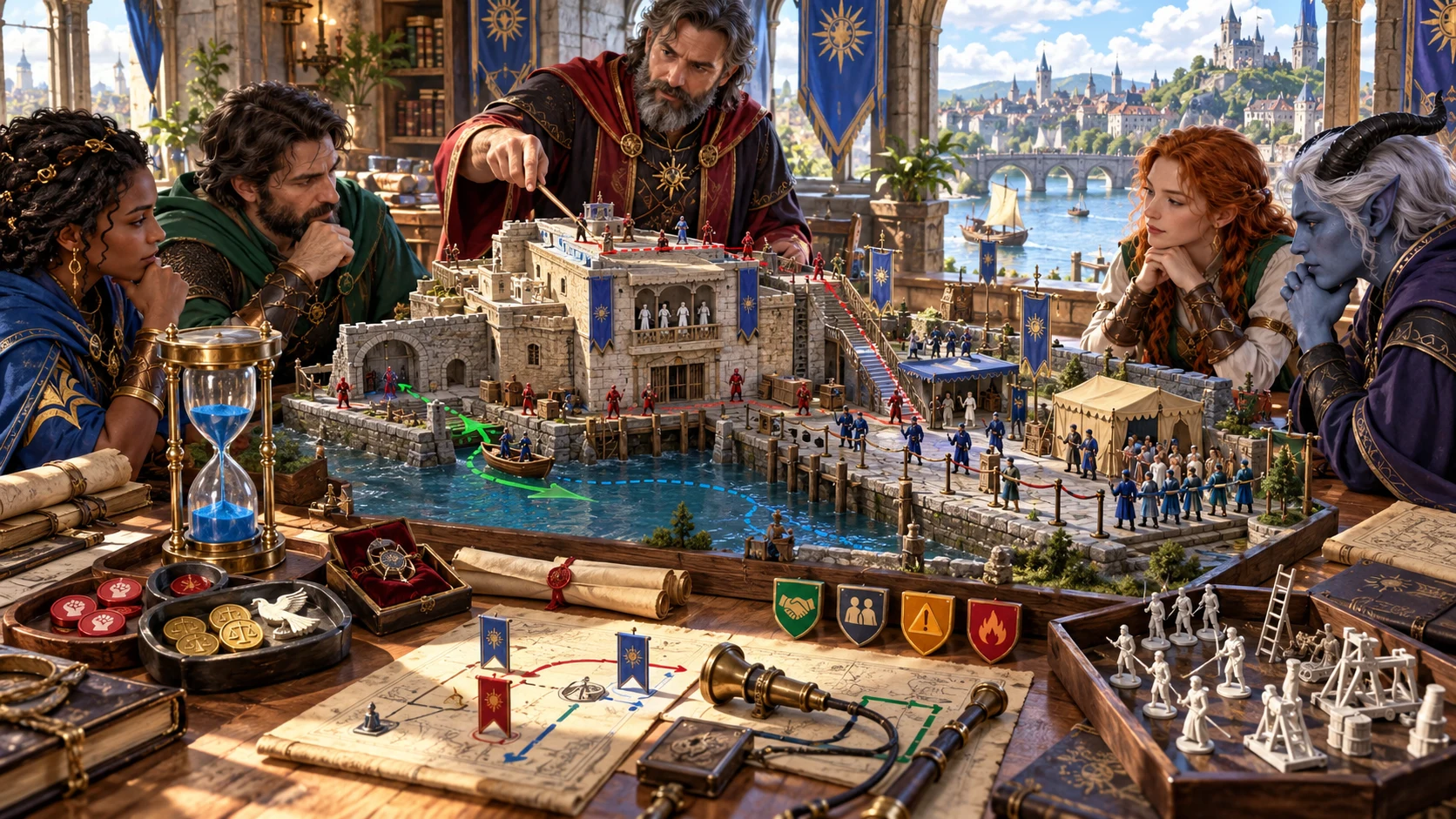 Fantasy companions review an illustrated miniature harbour standoff with location zones, time markers and possible routes.